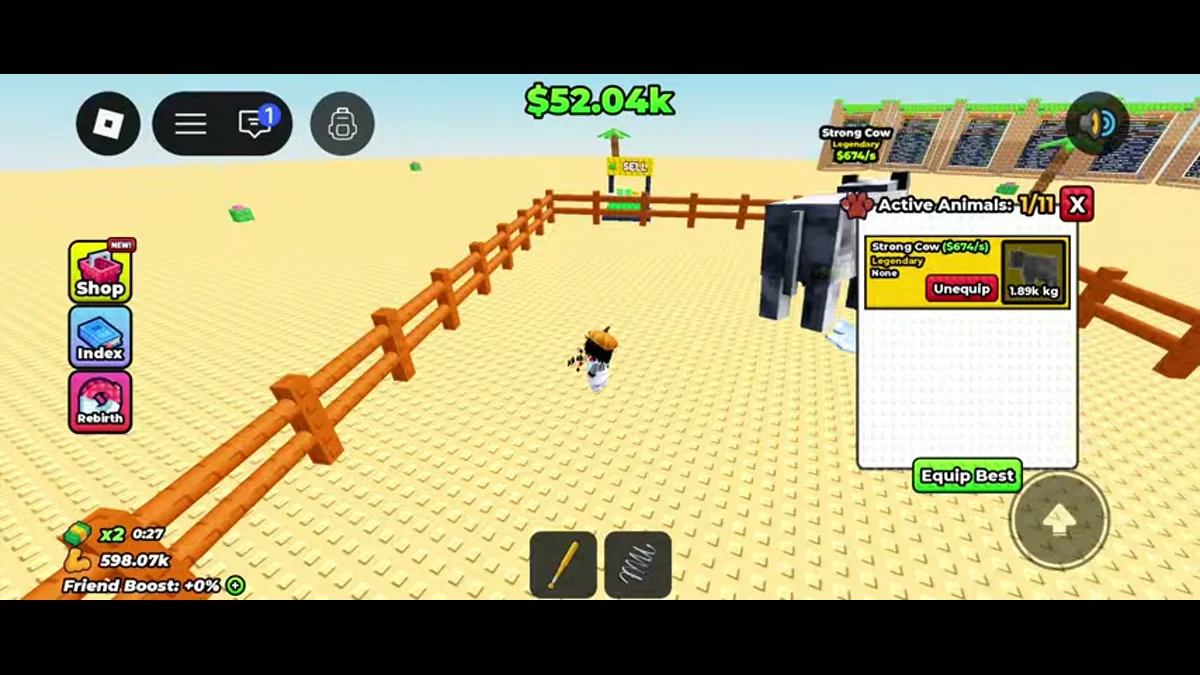 Active Animals panel with Strong Cow income, weight, slot count, Unequip and Equip Best.