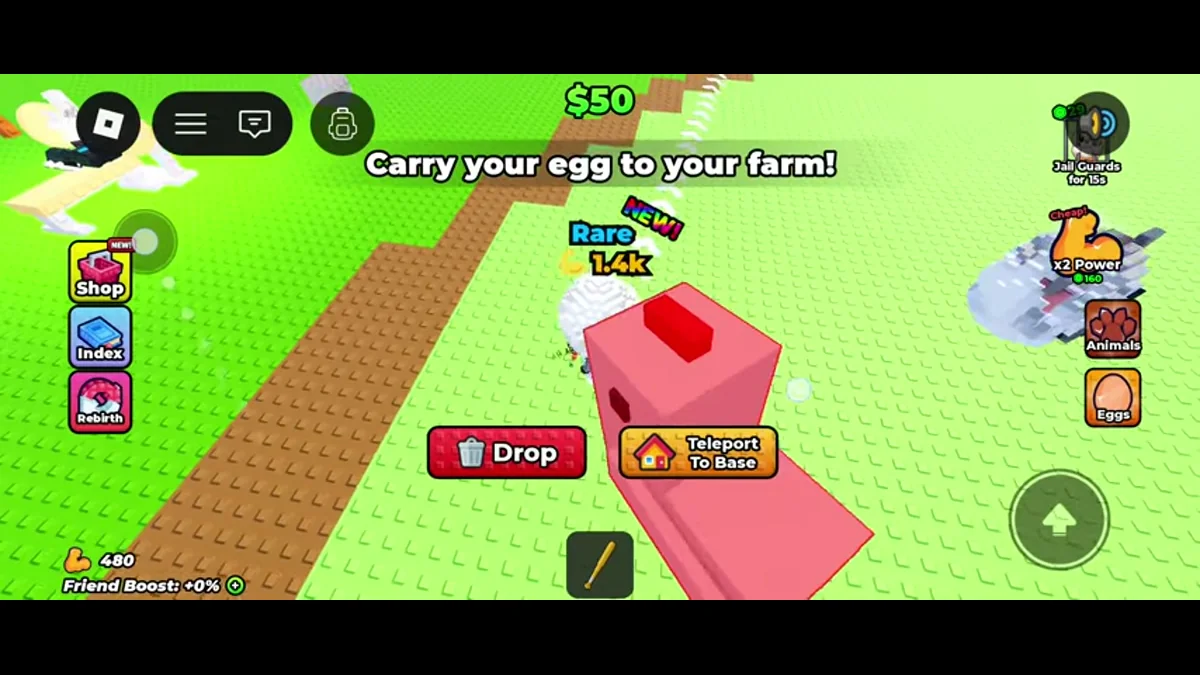Carried egg with Drop, Teleport To Base and the instruction to return to the farm.