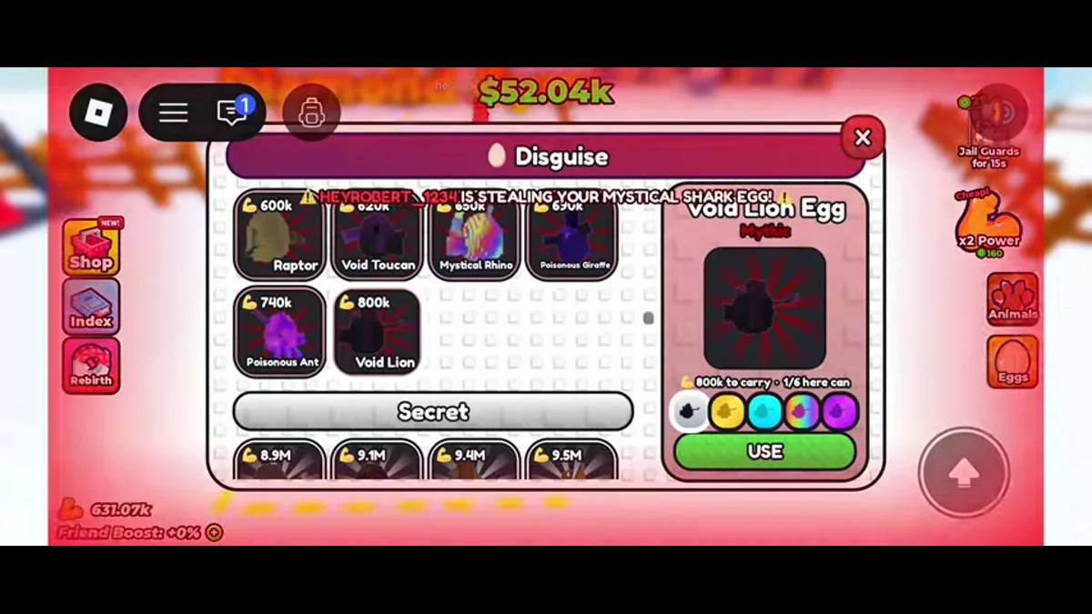 Void Lion Egg disguise preview showing 800k to carry and one of six nearby players able to carry it.