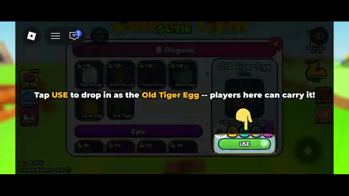 Tutorial highlights USE for the Old Tiger Egg disguise and explains that nearby players can carry it.