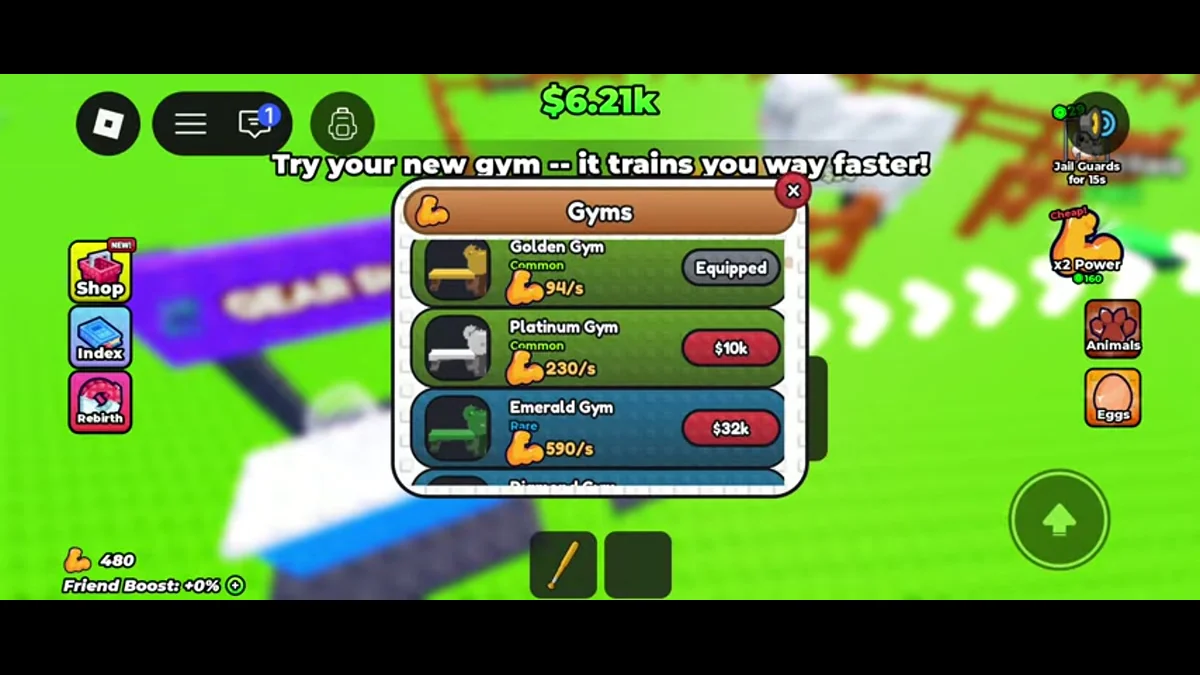 Gyms menu with Golden equipped and Platinum and Emerald rates and prices.