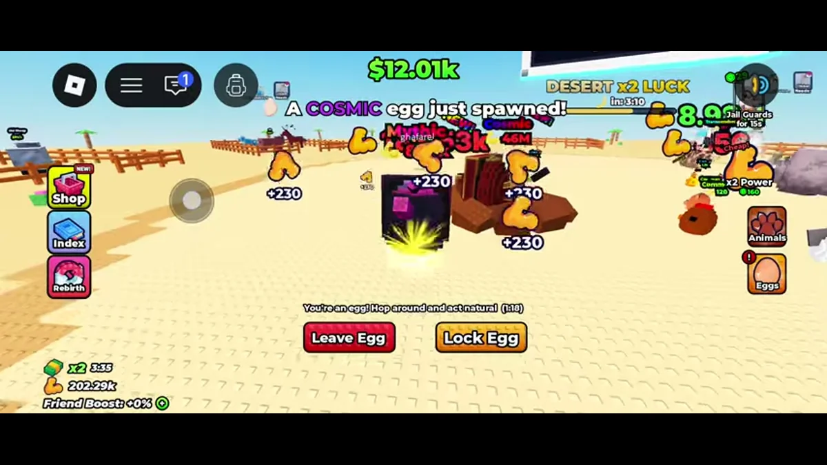 Player disguised as an egg with countdown, Leave Egg and Lock Egg controls.