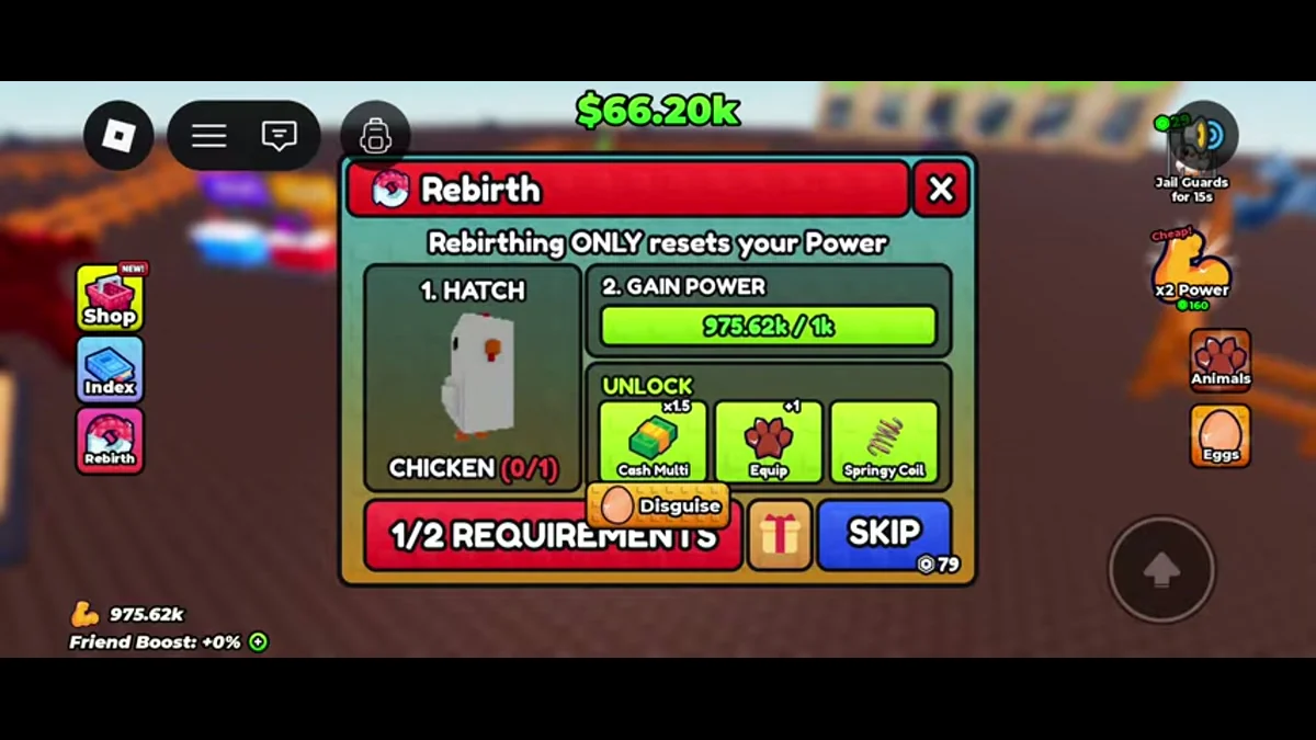 First Rebirth panel with Chicken hatch requirement, 1k Power target and displayed unlocks.