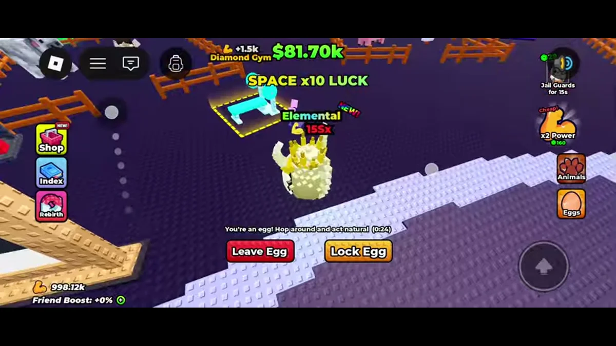 Space x10 LUCK label beside a disguised player and the farm area.
