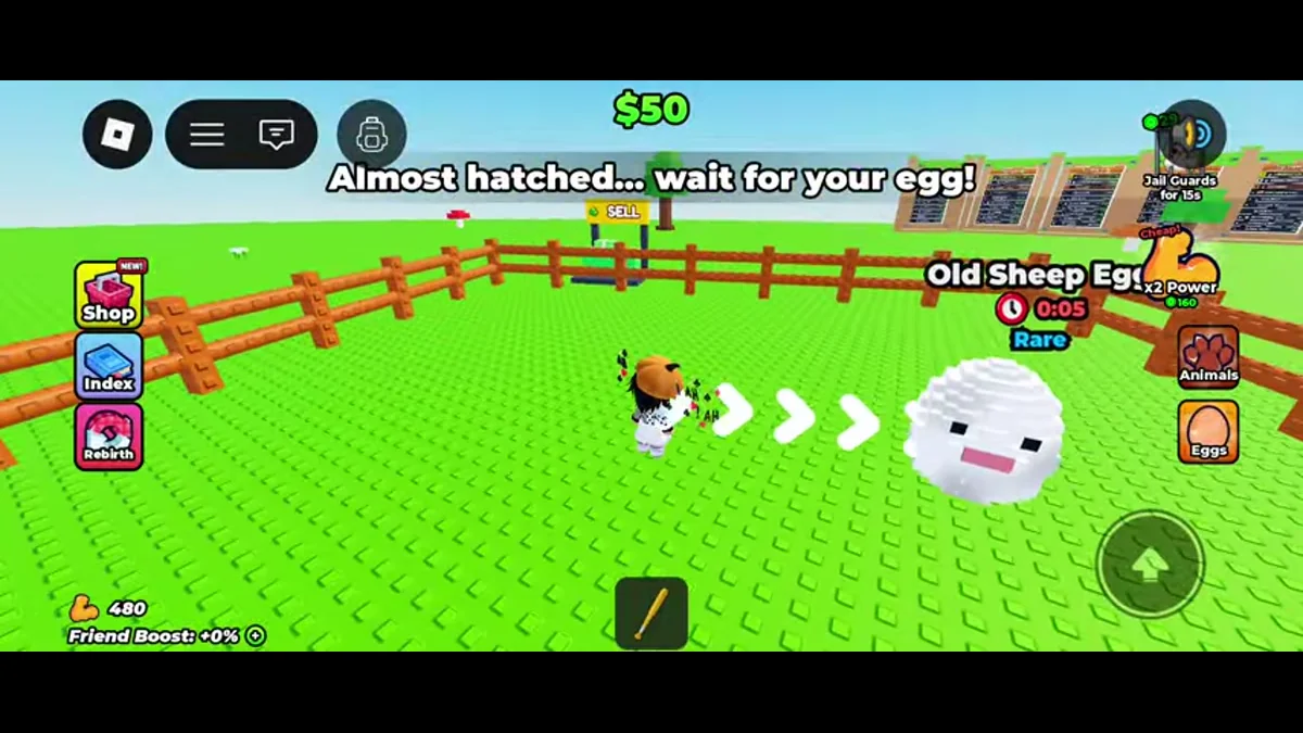 Old Sheep Egg on the farm with a five-second countdown and the wait instruction.